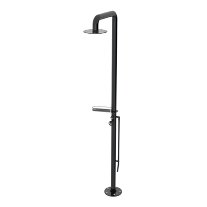 Rubinet Pressure Balance Outdoor Shower with Foot Rinse & 10" Shower Head (with shelf) - 304 Stainless Steel Black