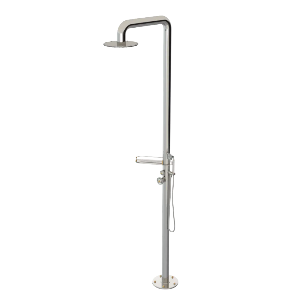 Rubinet Pressure Balance Outdoor Shower with Hand Held Shower & 10" Shower Head (with shelf) - 304 Stainless Steel Polished Nickel