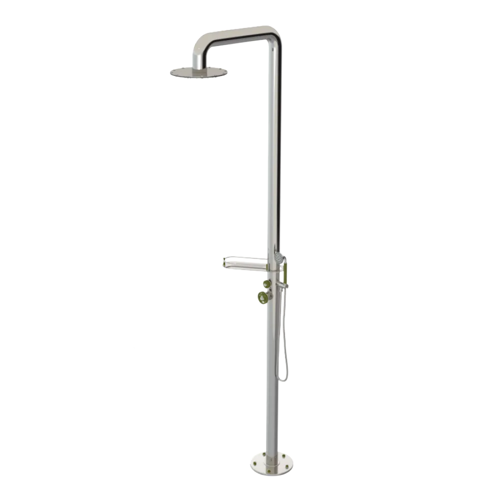 Rubinet Pressure Balance Outdoor Shower with Hand Held Shower & 10" Shower Head (with shelf) - 304 Stainless Steel Polished Nickel