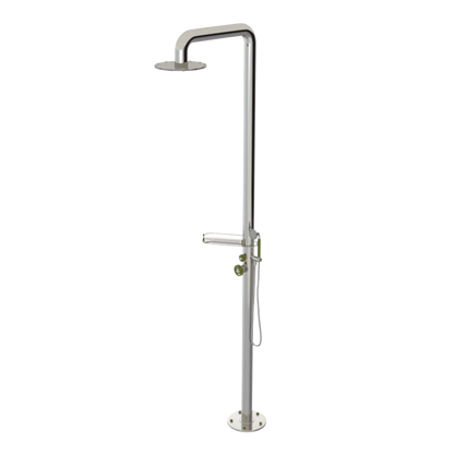Rubinet Pressure Balance Outdoor Shower with Hand Held Shower & 10" Shower Head (with shelf) - 304 Stainless Steel Polished Nickel