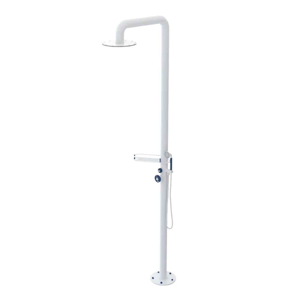 Rubinet Pressure Balance Outdoor Shower with Hand Held Shower & 10" Shower Head (with shelf) - 304 Stainless Steel White