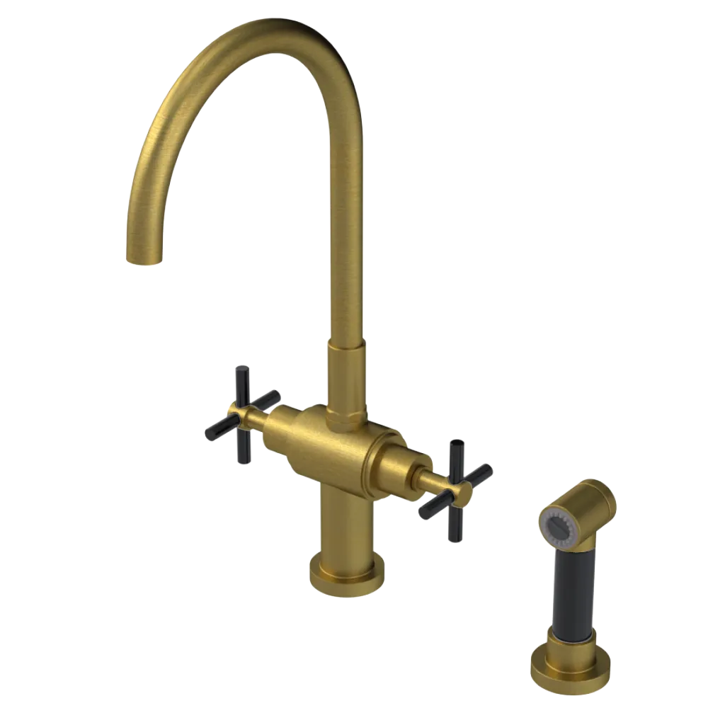 Rubinet Two Handle Single Hole Kitchen Set with LaSalle Spout with Hand Spray Antique Brass Matt