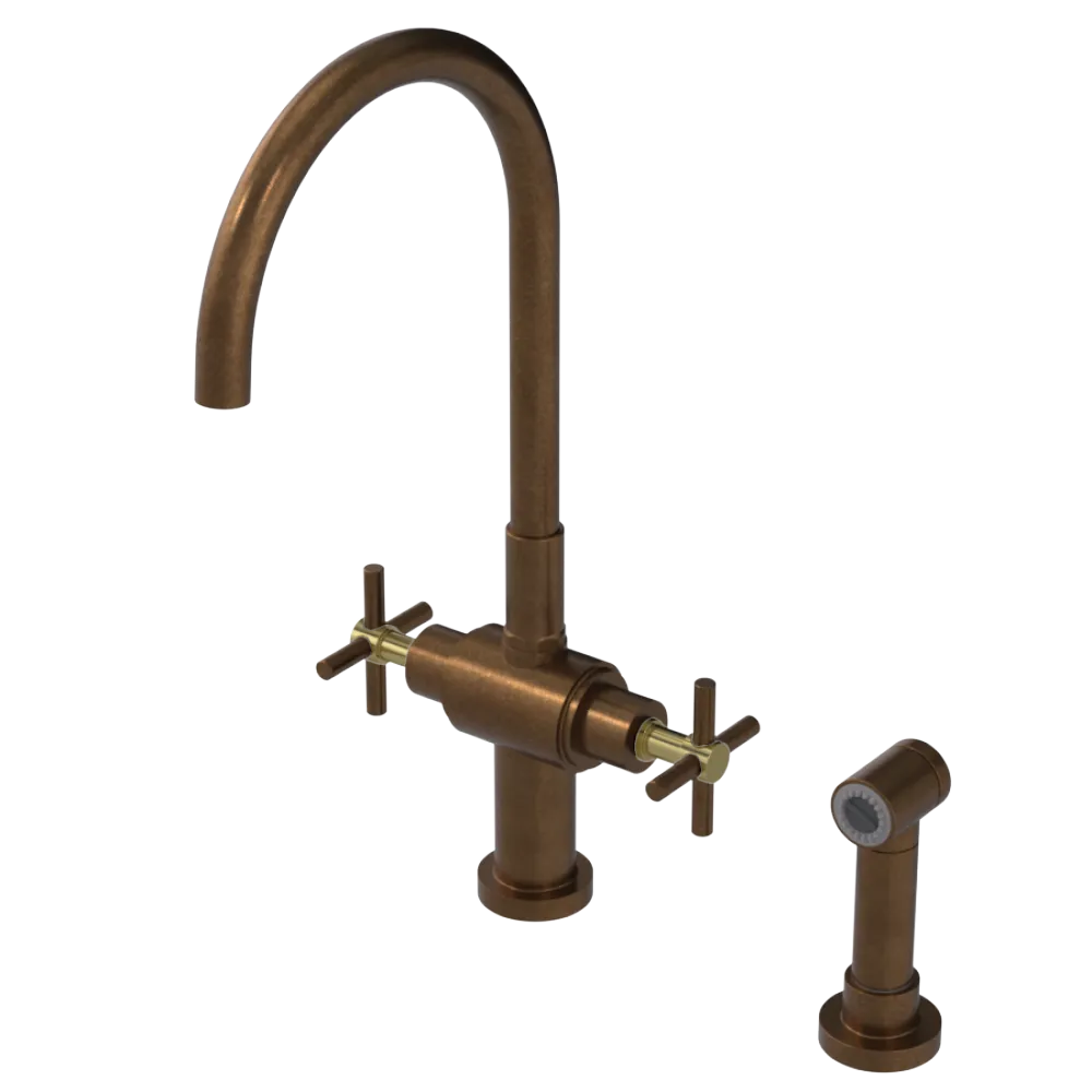 Rubinet Two Handle Single Hole Kitchen Set with LaSalle Spout with Hand Spray Tuscan Brass