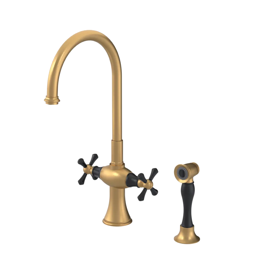 Rubinet Two Handle Single Hole Kitchen Set with Hand Spray Satin Gold