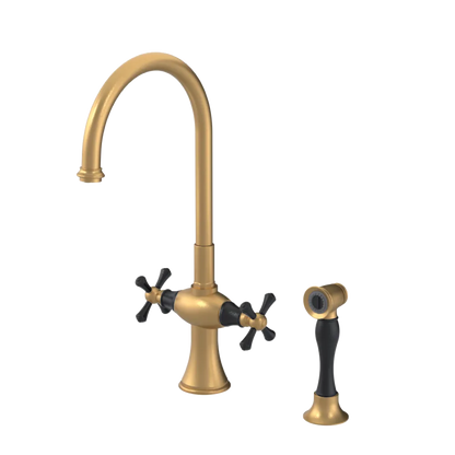 Rubinet Two Handle Single Hole Kitchen Set with Hand Spray Satin Gold