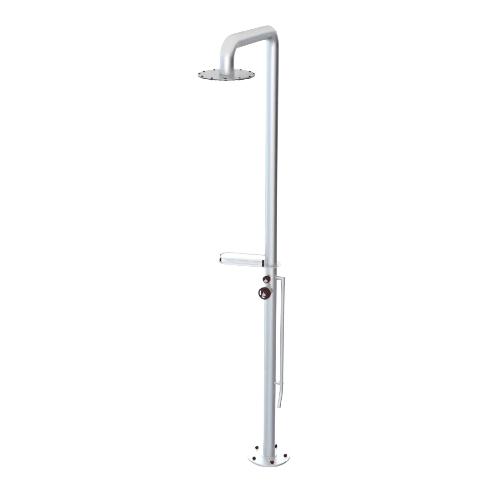 Rubinet Pressure Balance Outdoor Shower with Foot Rinse & 10" Shower Head (with shelf) - 304 Stainless Steel Satin Chrome