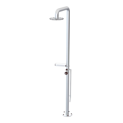 Rubinet Pressure Balance Outdoor Shower with Foot Rinse & 10" Shower Head (with shelf) - 304 Stainless Steel Satin Chrome