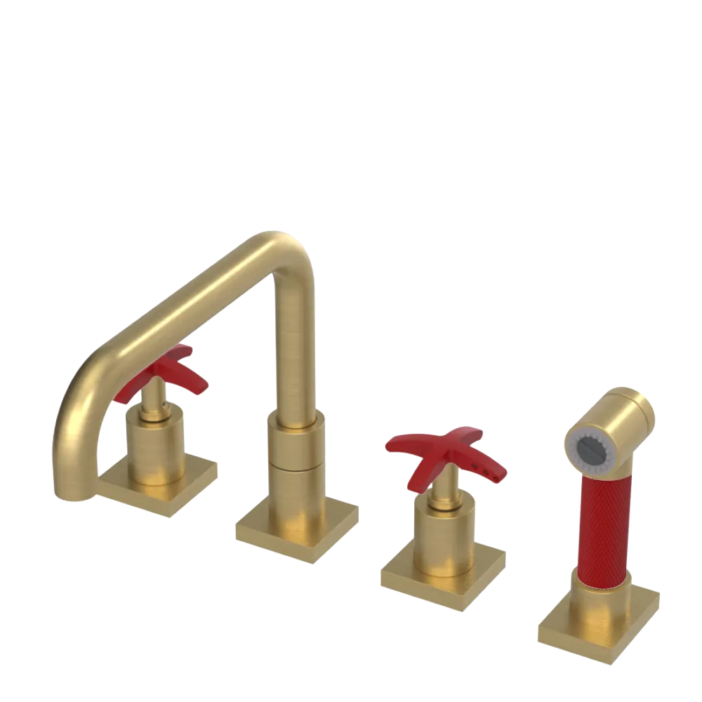 Rubinet Widespread Kitchen Set with Genesis Spout with Hand Spray Satin Gold