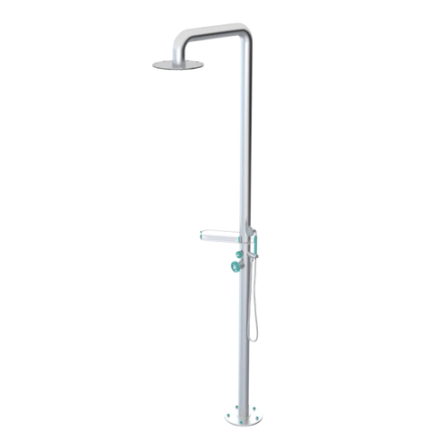 Rubinet Pressure Balance Outdoor Shower with Hand Held Shower & 10" Shower Head (with shelf) - 304 Stainless Steel Satin Chrome