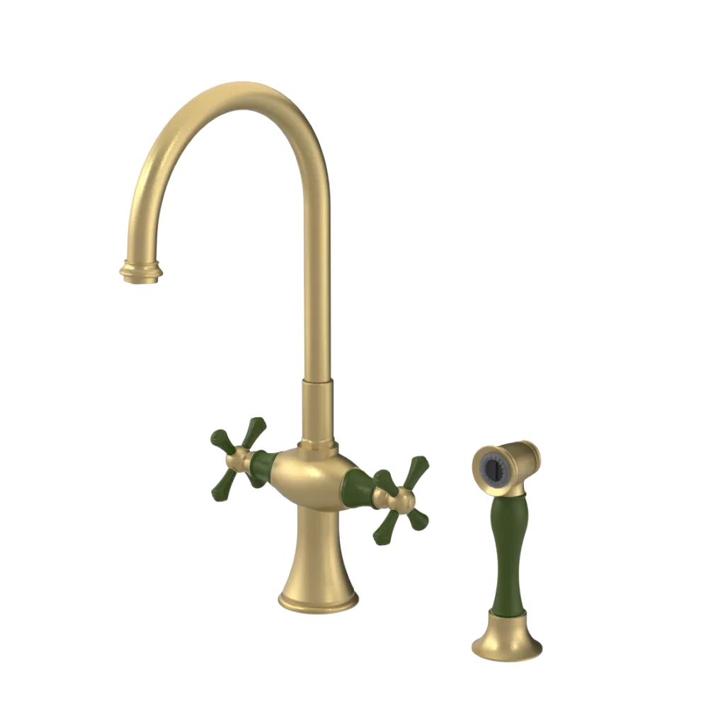Rubinet Two Handle Single Hole Kitchen Set with Hand Spray Satin Brass