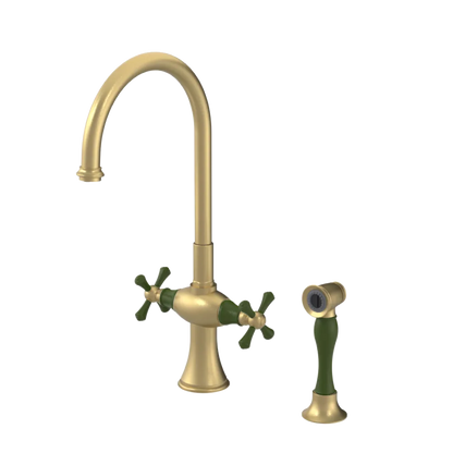 Rubinet Two Handle Single Hole Kitchen Set with Hand Spray Satin Brass
