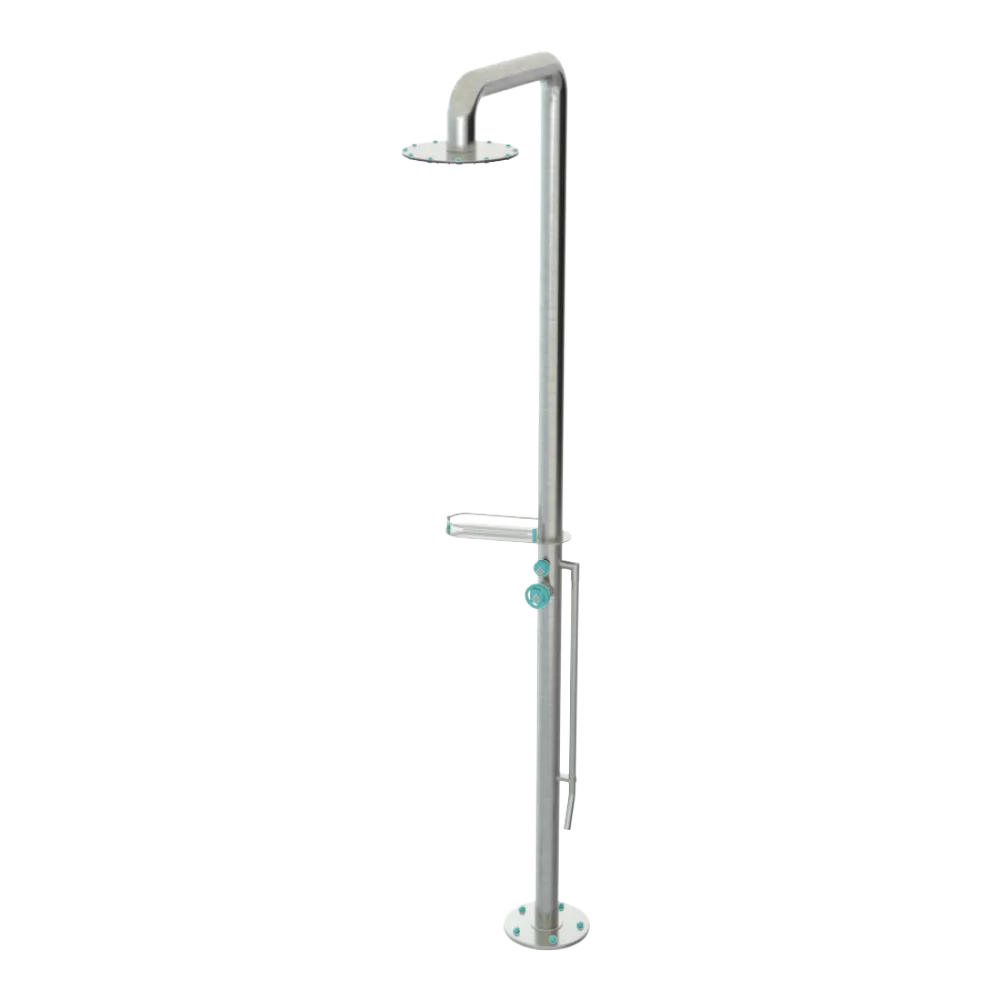 Rubinet Pressure Balance Outdoor Shower with Foot Rinse & 10" Shower Head (with shelf) - 304 Stainless Steel Satin Nickel