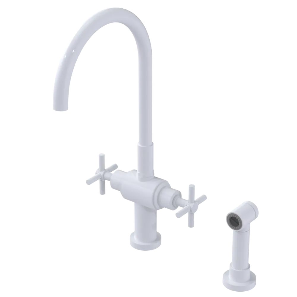 Rubinet Two Handle Single Hole Kitchen Set with LaSalle Spout with Hand Spray White