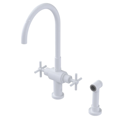 Rubinet Two Handle Single Hole Kitchen Set with LaSalle Spout with Hand Spray White
