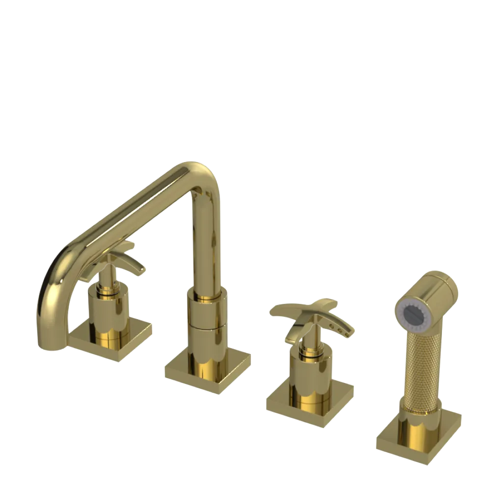 Rubinet Widespread Kitchen Set with Genesis Spout with Hand Spray Natural Brass