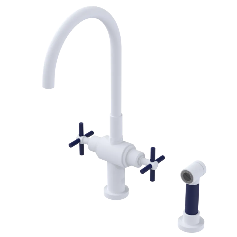 Rubinet Two Handle Single Hole Kitchen Set with LaSalle Spout with Hand Spray Matt White