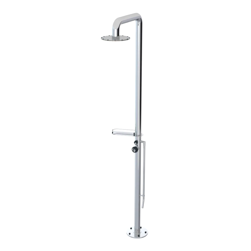 Rubinet Pressure Balance Outdoor Shower with Foot Rinse & 10" Shower Head (with shelf) - 304 Stainless Steel Chrome