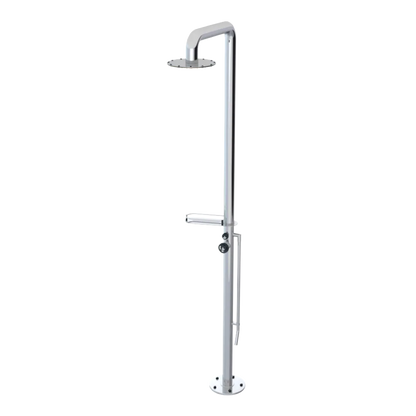 Rubinet Pressure Balance Outdoor Shower with Foot Rinse & 10" Shower Head (with shelf) - 304 Stainless Steel Chrome