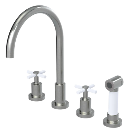 Rubinet Widespread Kitchen Set with LaSalle Spout with Hand Spray Satin Nickel