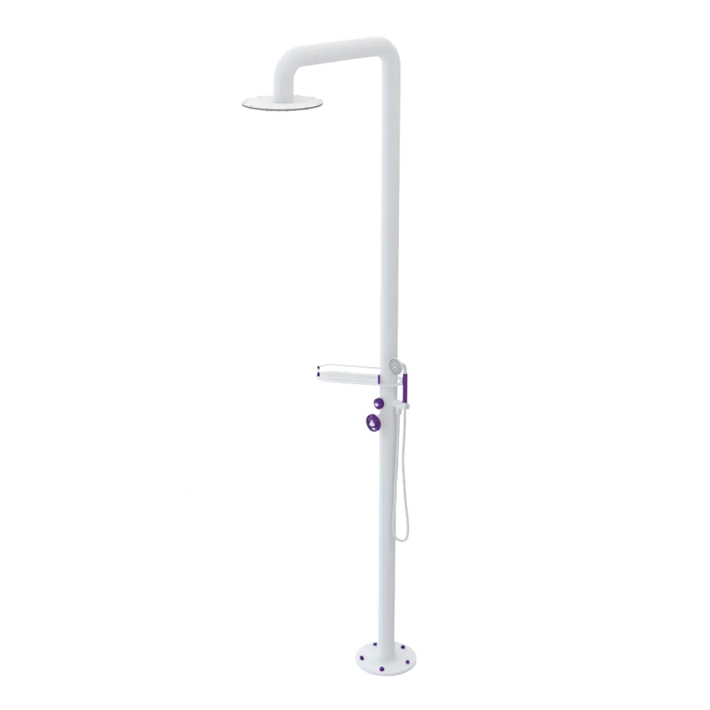 Rubinet Pressure Balance Outdoor Shower with Hand Held Shower & 10" Shower Head (with shelf) - 304 Stainless Steel Matt White