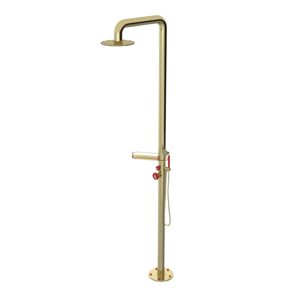 Rubinet Pressure Balance Outdoor Shower with Hand Held Shower & 10" Shower Head (with shelf) - 304 Stainless Steel Bright Brass