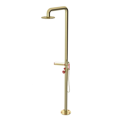 Rubinet Pressure Balance Outdoor Shower with Hand Held Shower & 10" Shower Head (with shelf) - 304 Stainless Steel Bright Brass
