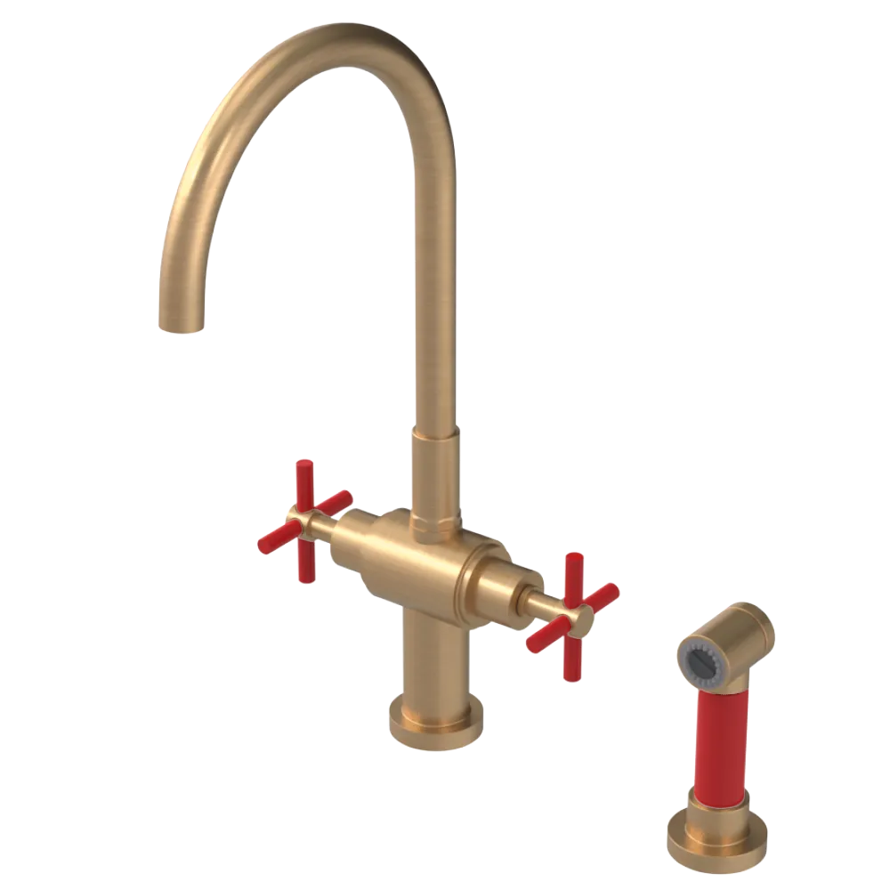Rubinet Two Handle Single Hole Kitchen Set with LaSalle Spout with Hand Spray Satin Gold