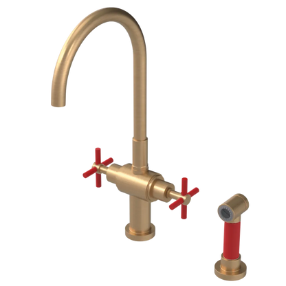 Rubinet Two Handle Single Hole Kitchen Set with LaSalle Spout with Hand Spray Satin Gold