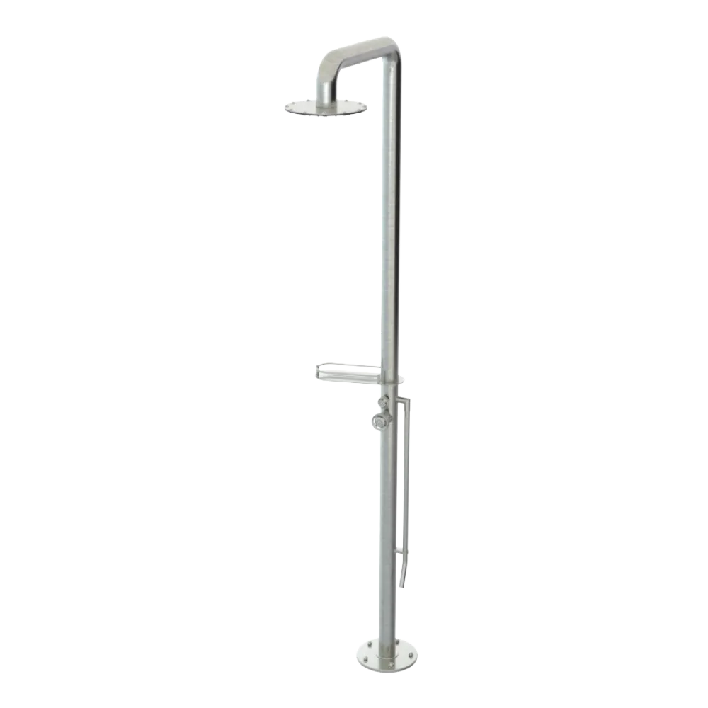 Rubinet Pressure Balance Outdoor Shower with Foot Rinse & 10" Shower Head (with shelf) - 304 Stainless Steel Satin Nickel