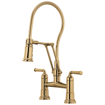 Rook Articulating Bridge Faucet with Finished Hose - Brilliance® Polished Gold