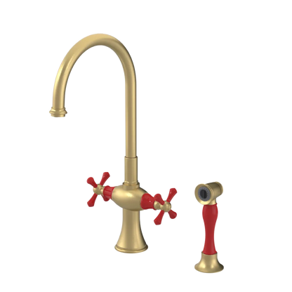 Rubinet Two Handle Single Hole Kitchen Set with Hand Spray Satin Brass