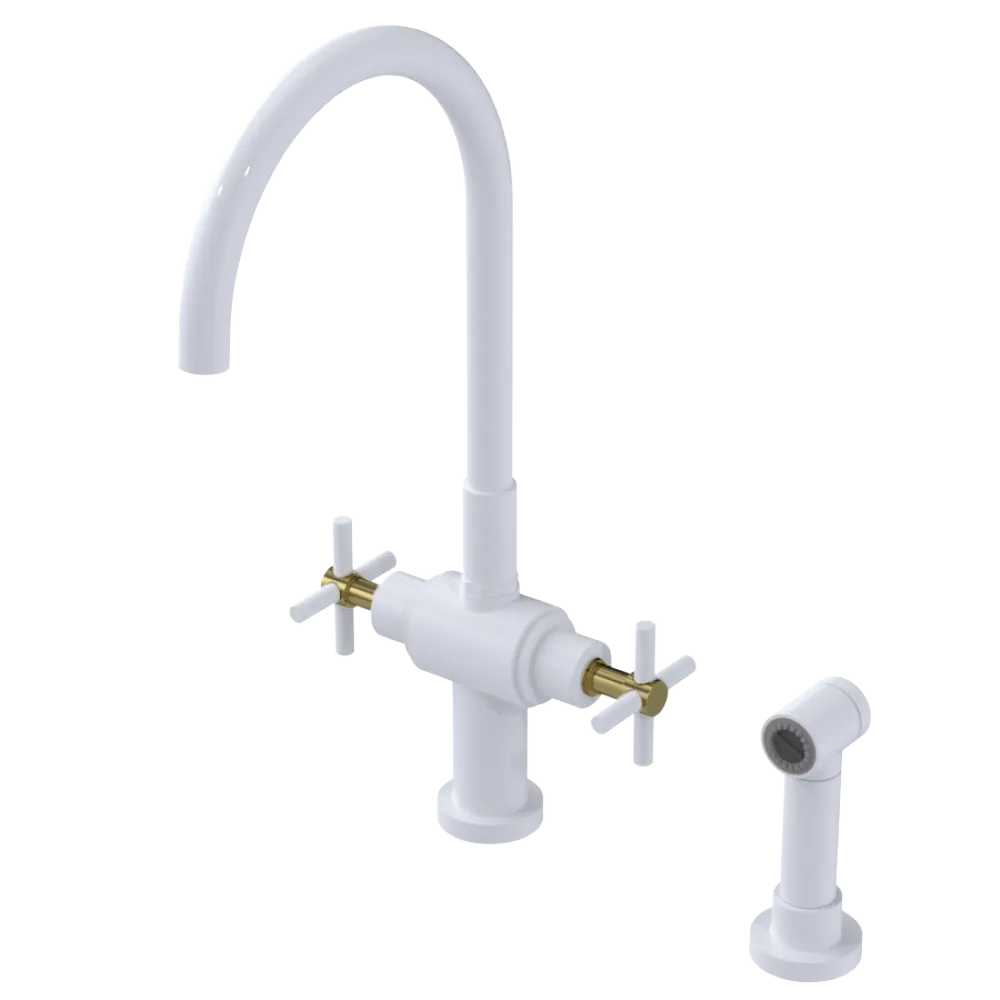 Rubinet Two Handle Single Hole Kitchen Set with LaSalle Spout with Hand Spray White