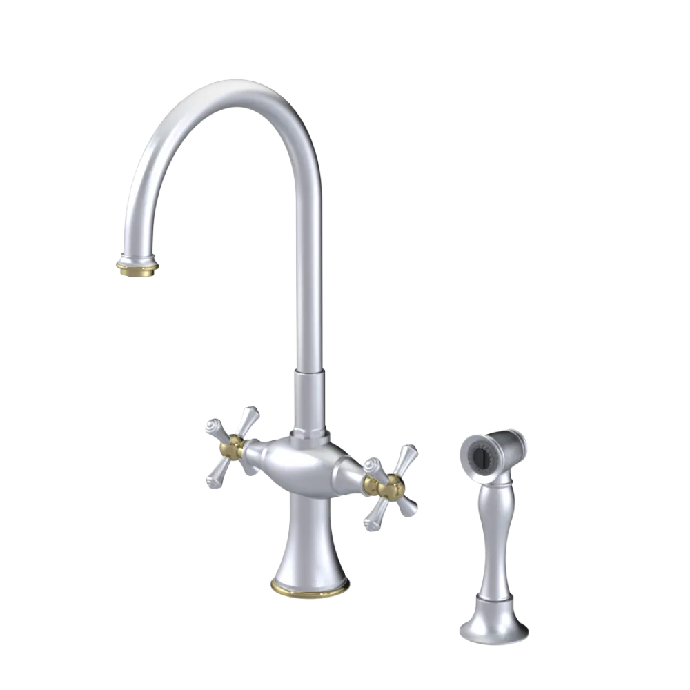 Rubinet Two Handle Single Hole Kitchen Set with Hand Spray Satin Chrome