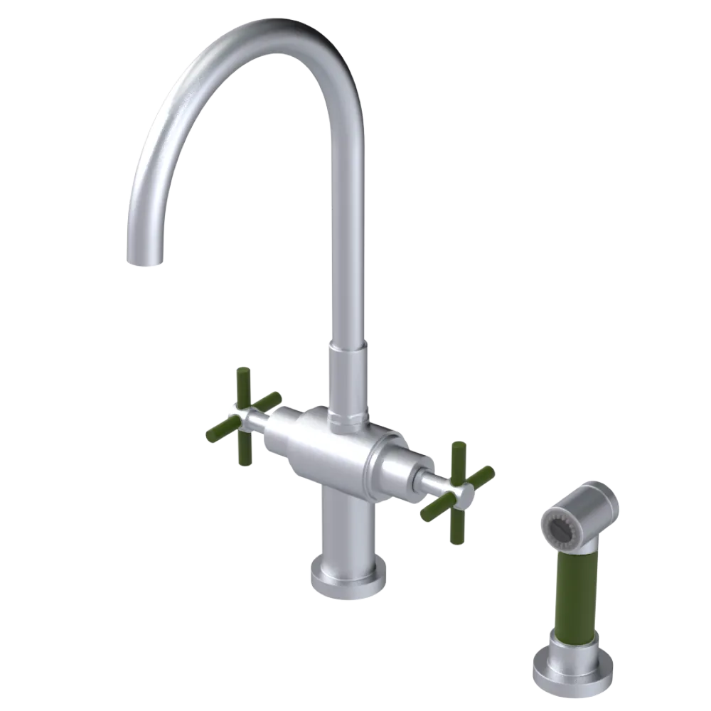 Rubinet Two Handle Single Hole Kitchen Set with LaSalle Spout with Hand Spray Satin Chrome