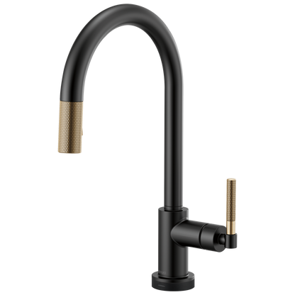 Litze SmartTouch Pull-Down Kitchen Faucet with Arc Spout and Knurled Handle - Matte Black / Brilliance® Luxe Gold®