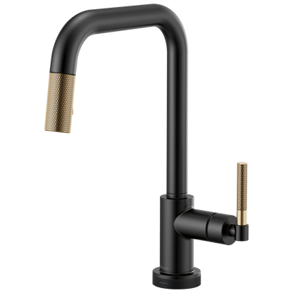 Litze SmartTouch Pull-Down Kitchen Faucet with Square Spout and Knurled Handle - Matte Black / Brilliance® Luxe Gold®