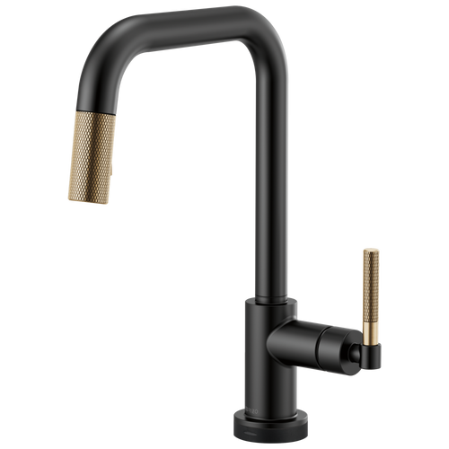 Litze SmartTouch Pull-Down Kitchen Faucet with Square Spout and Knurled Handle - Matte Black / Brilliance® Luxe Gold®