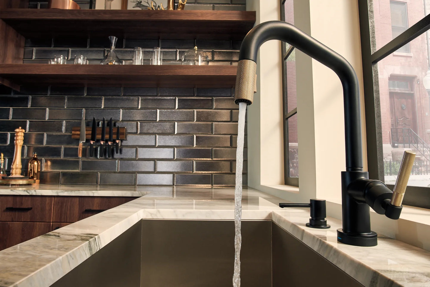 Litze SmartTouch Pull-Down Kitchen Faucet with Angled Spout and Knurled Handle lifestyle