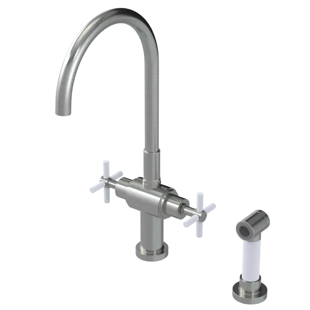 Rubinet Two Handle Single Hole Kitchen Set with LaSalle Spout with Hand Spray Satin Nickel