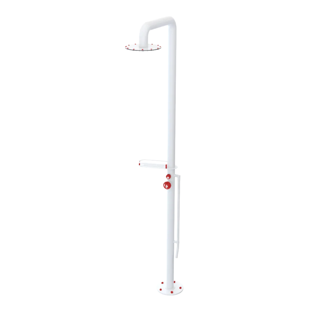 Rubinet Pressure Balance Outdoor Shower with Foot Rinse & 10" Shower Head (with shelf) - 304 Stainless Steel White