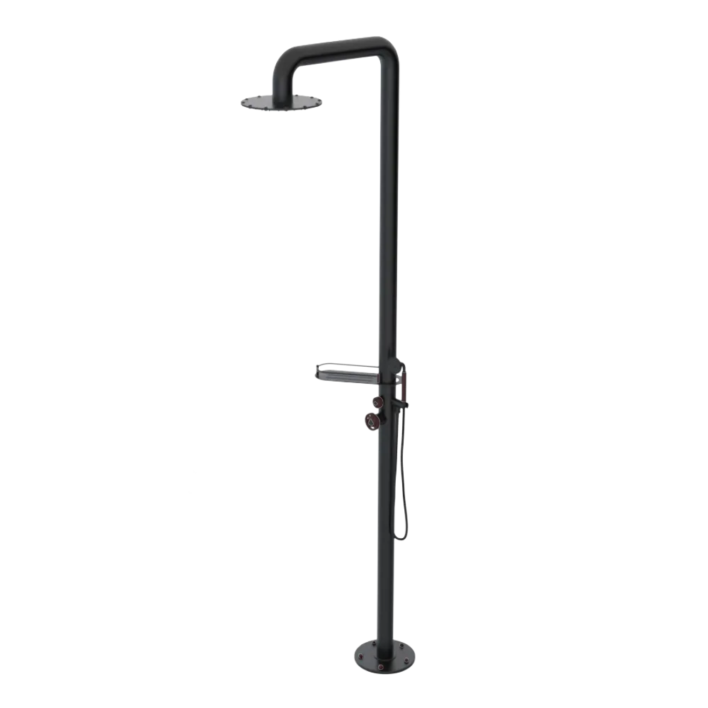 Rubinet Pressure Balance Outdoor Shower with Hand Held Shower & 10" Shower Head (with shelf) - 304 Stainless Steel Matt Black