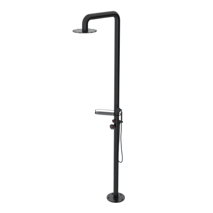 Rubinet Pressure Balance Outdoor Shower with Hand Held Shower & 10" Shower Head (with shelf) - 304 Stainless Steel Matt Black