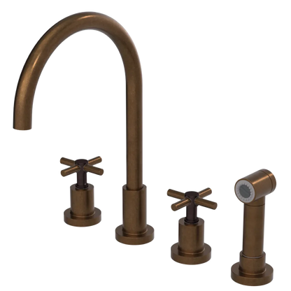 Rubinet Widespread Kitchen Set with LaSalle Spout with Hand Spray Tuscan Brass
