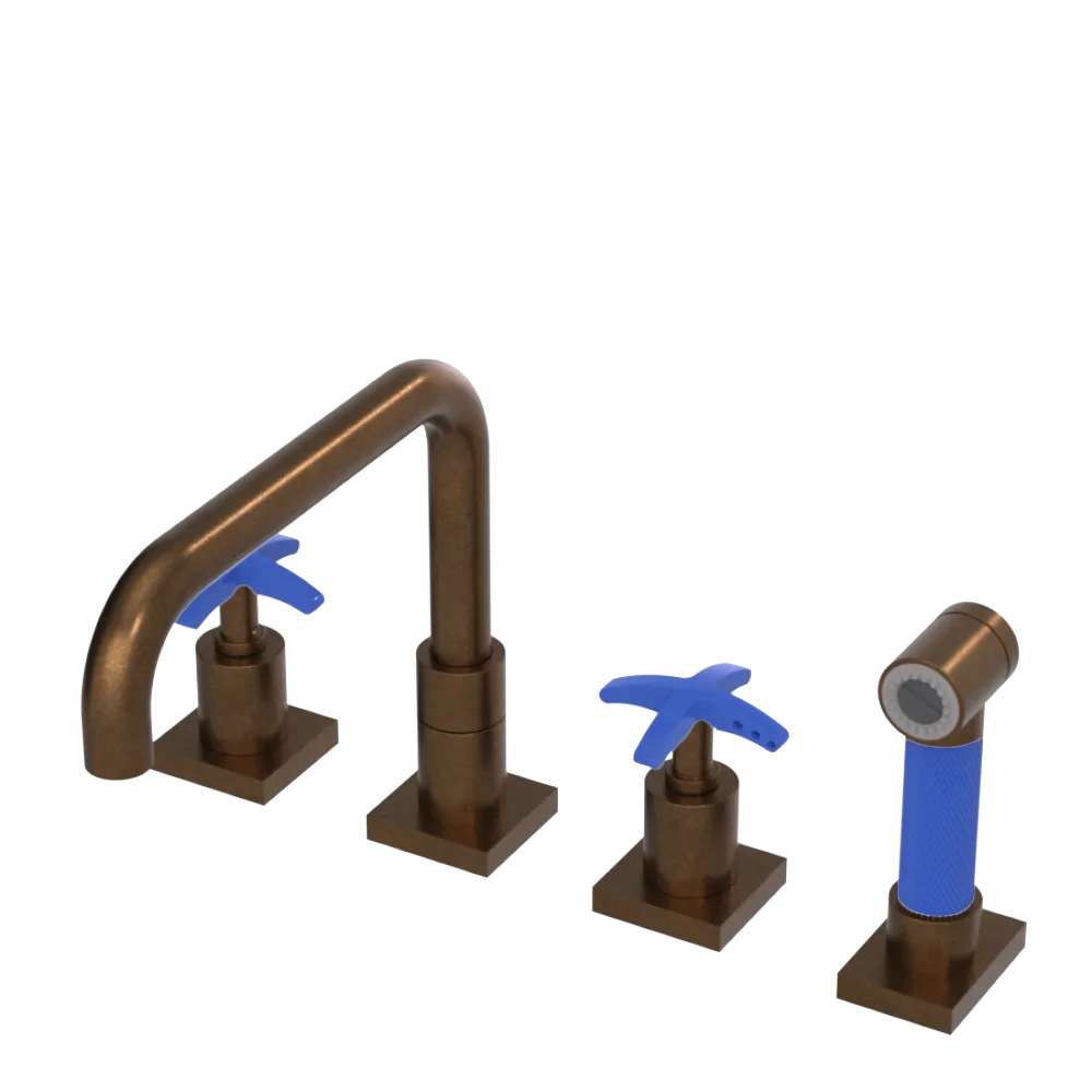 Rubinet Widespread Kitchen Set with Genesis Spout with Hand Spray Tuscan Brass
