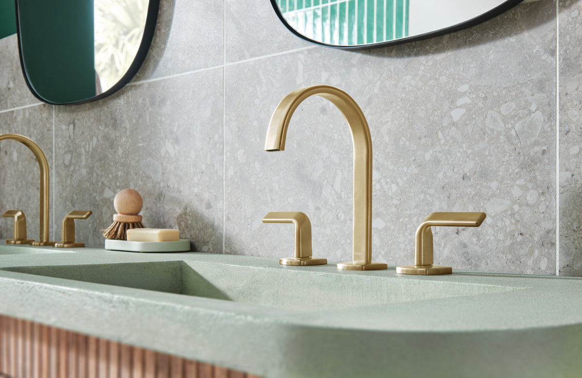 Allaria Widespread Lavatory Faucet with Arc Spout - Less Handles lifestyle