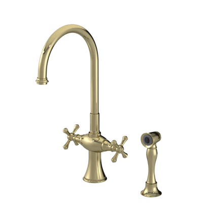 Rubinet Two Handle Single Hole Kitchen Set with Hand Spray Natural Brass