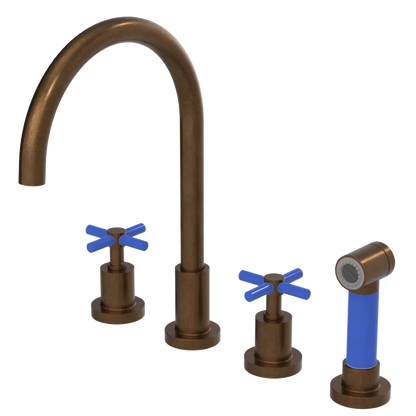 Rubinet Widespread Kitchen Set with LaSalle Spout with Hand Spray Tuscan Brass