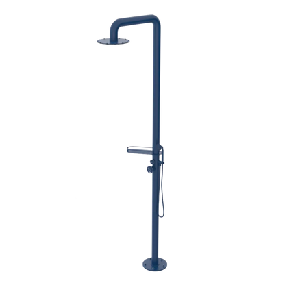 Rubinet Pressure Balance Outdoor Shower with Hand Held Shower & 10" Shower Head (with shelf) - 304 Stainless Steel Midnight Blue