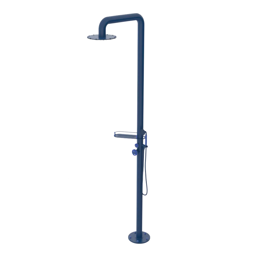 Rubinet Pressure Balance Outdoor Shower with Hand Held Shower & 10" Shower Head (with shelf) - 304 Stainless Steel Midnight Blue
