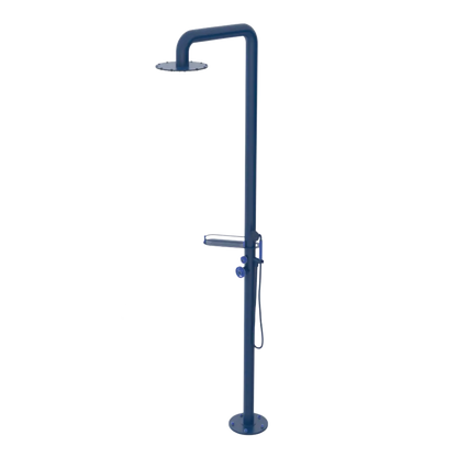 Rubinet Pressure Balance Outdoor Shower with Hand Held Shower & 10" Shower Head (with shelf) - 304 Stainless Steel Midnight Blue